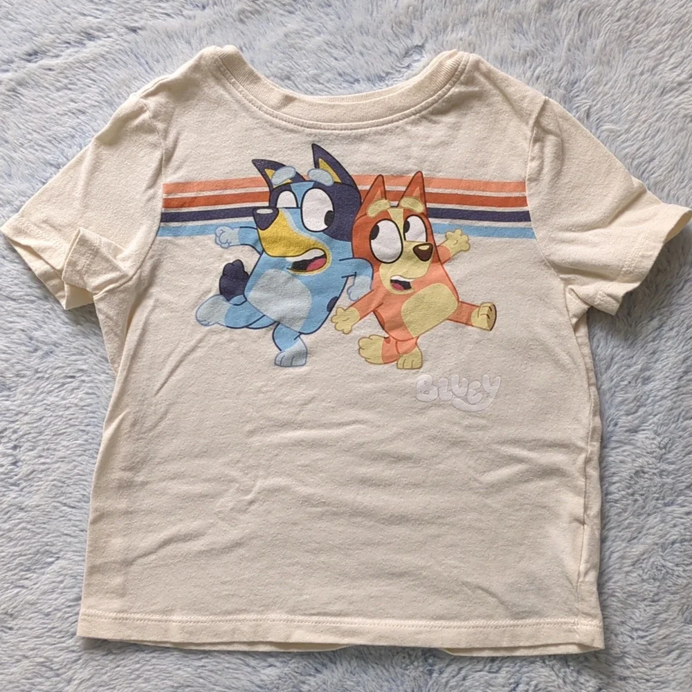 3T Old Navy Bluey Bingo Short Sleeve Tee Ivory Stripe Blue Dog Heeler T-shirt